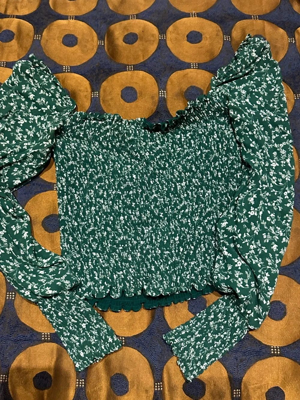 Reformation Emerald Green Smocked Long Sleeve Top